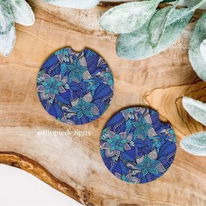 Blue Floral Car Coaster Set | Floral Coaster Set | Floral Car Accessories